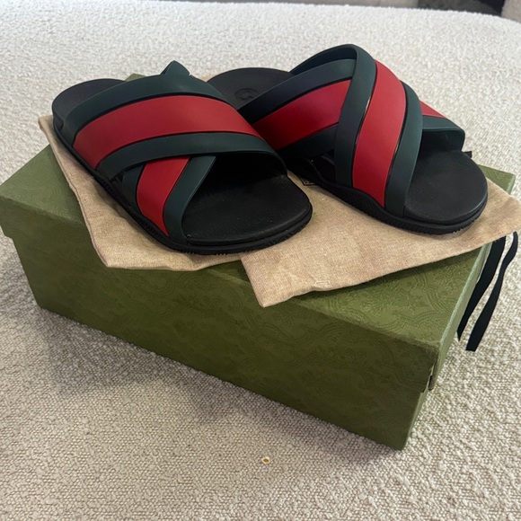 Gucci Shoes - Gucci Red and Dark Green Crisscross Rubber Slide Sandals
